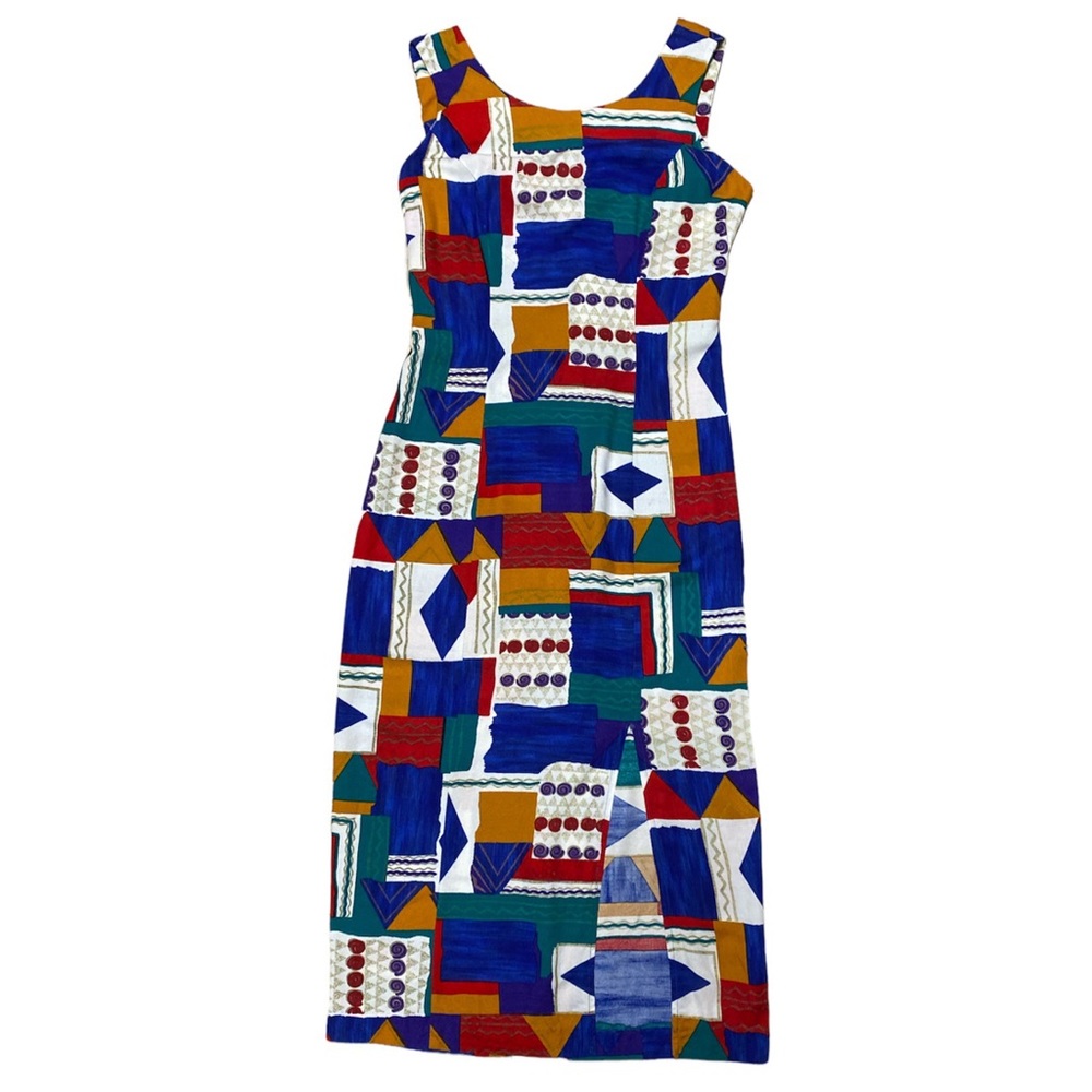 Vintage Leslie Lucks Sleeveless Dress Women’s 10 Blue Casual 90’s Geometric Midi